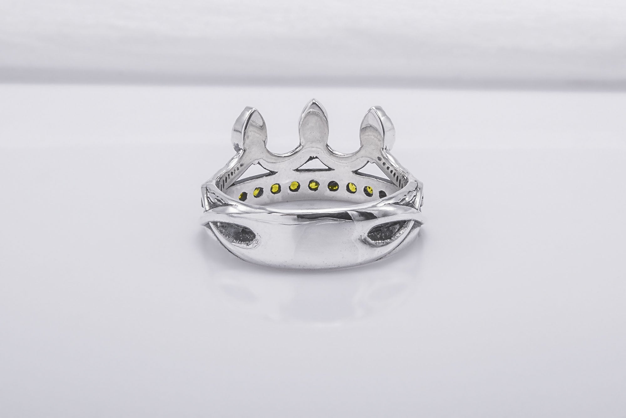 925 Silver Leaves Crown Ring with Wood Texture and Gems, Handcrafted Jewelry - vikingworkshop