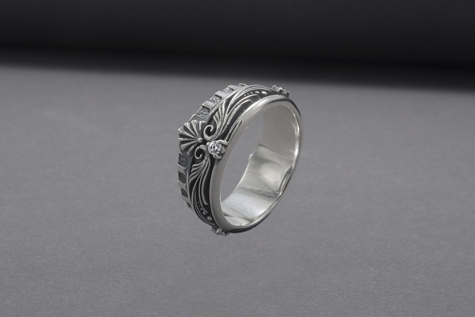 Sterling Silver Ring With Shell Ornament and Clear Gem, Handcrafted Jewelry - vikingworkshop