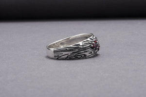 Tree And Wood Texture 925 Silver Ring With Red Gems Sterling Silver Jewelry - vikingworkshop