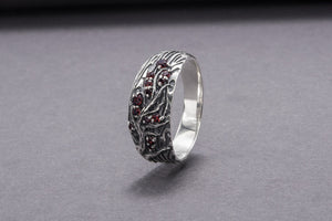 Tree And Wood Texture 925 Silver Ring With Red Gems Sterling Silver Jewelry - vikingworkshop