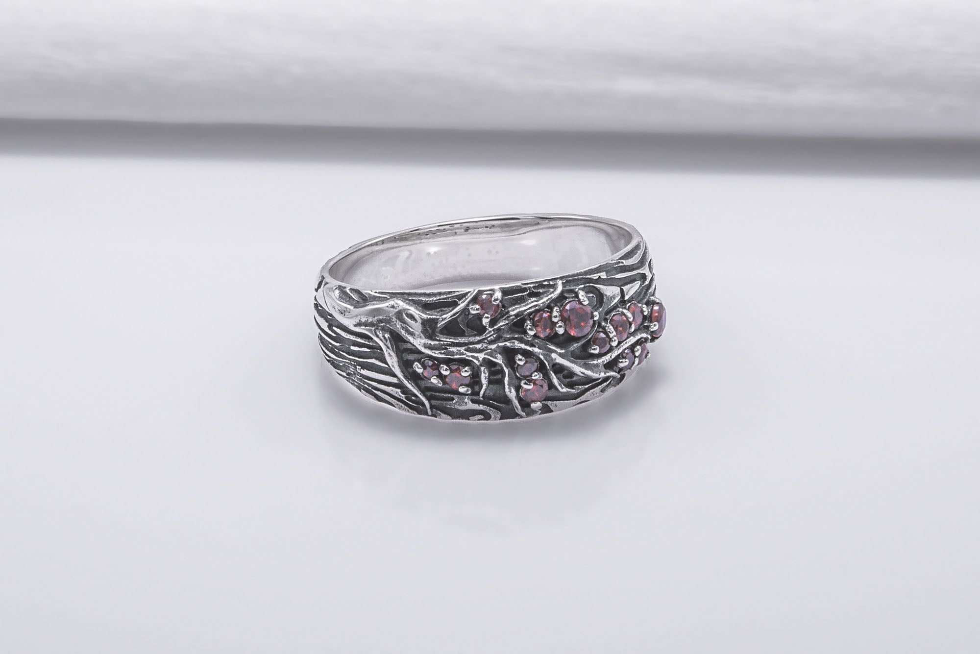 Tree And Wood Texture 925 Silver Ring With Red Gems Sterling Silver Jewelry - vikingworkshop