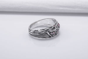 Tree And Wood Texture 925 Silver Ring With Red Gems Sterling Silver Jewelry - vikingworkshop