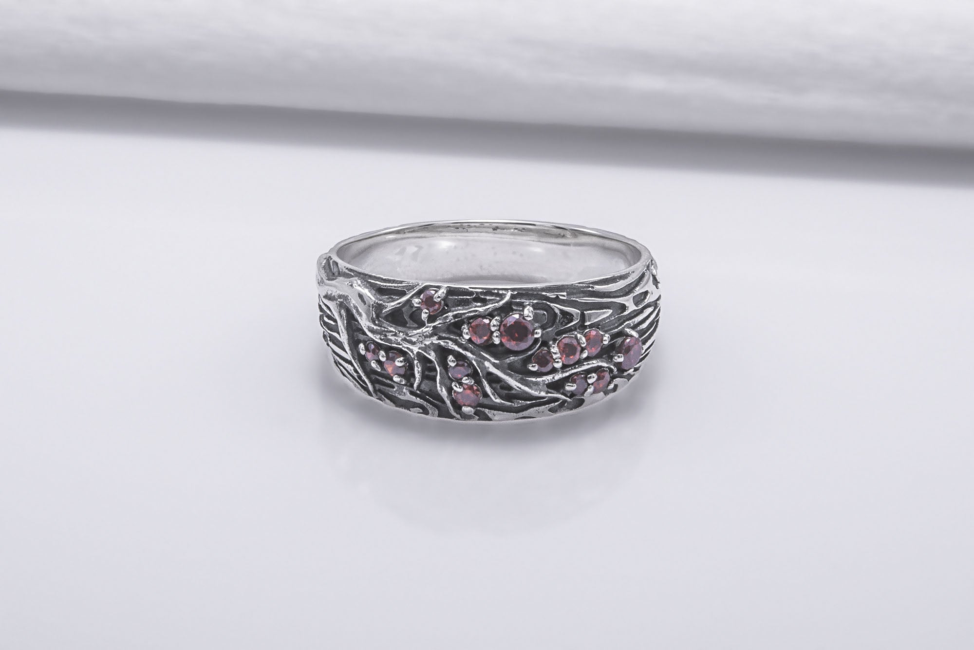 Tree And Wood Texture 925 Silver Ring With Red Gems Sterling Silver Jewelry - vikingworkshop