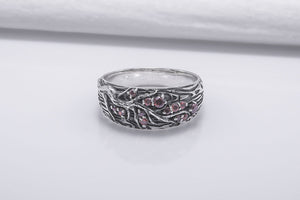 Tree And Wood Texture 925 Silver Ring With Red Gems Sterling Silver Jewelry - vikingworkshop