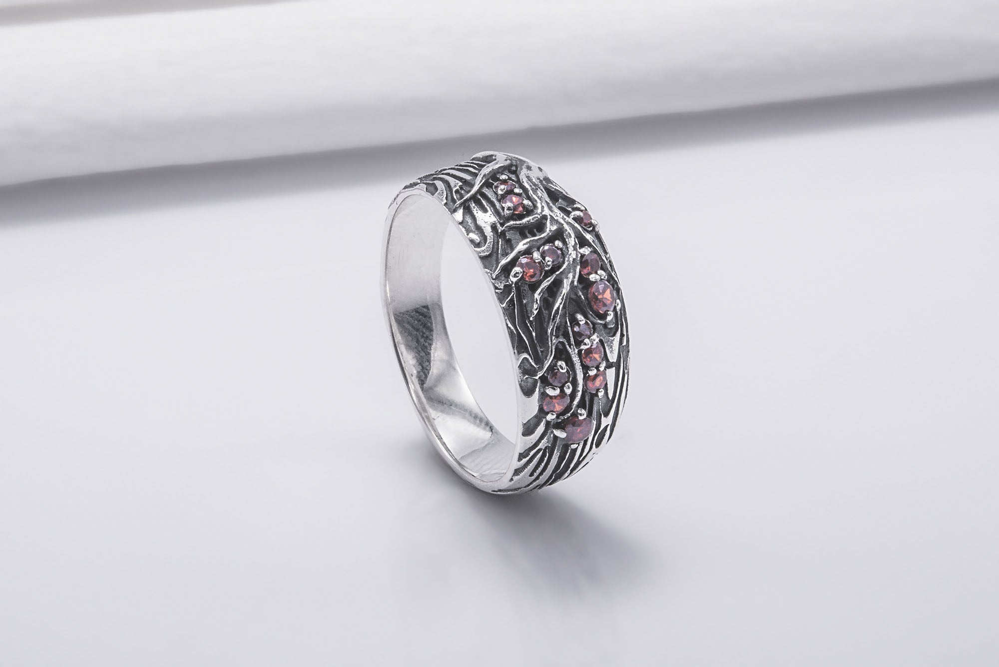 Tree And Wood Texture 925 Silver Ring With Red Gems Sterling Silver Jewelry - vikingworkshop