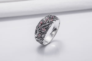 Tree And Wood Texture 925 Silver Ring With Red Gems Sterling Silver Jewelry - vikingworkshop