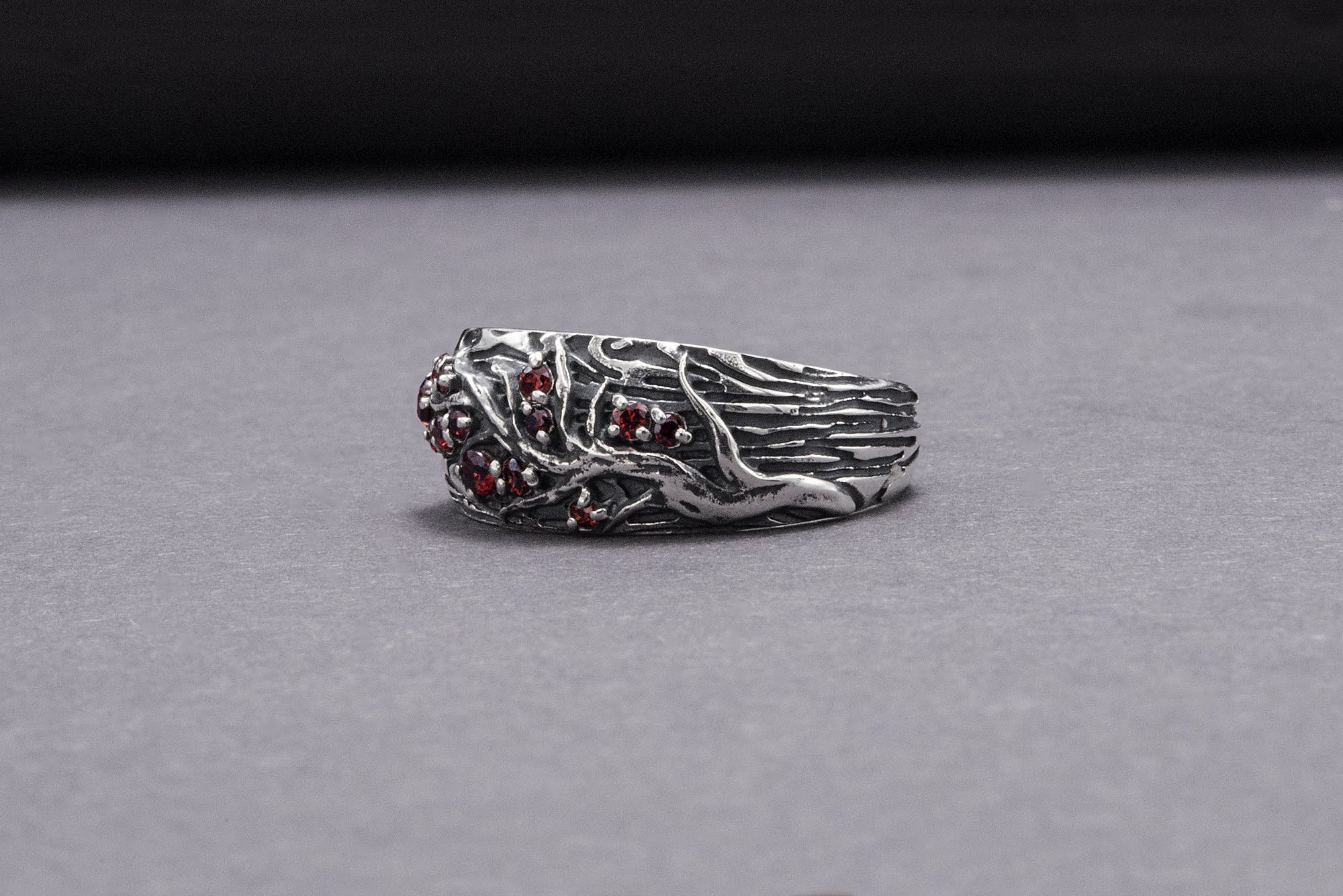 Tree And Wood Texture 925 Silver Ring With Red Gems Sterling Silver Jewelry - vikingworkshop