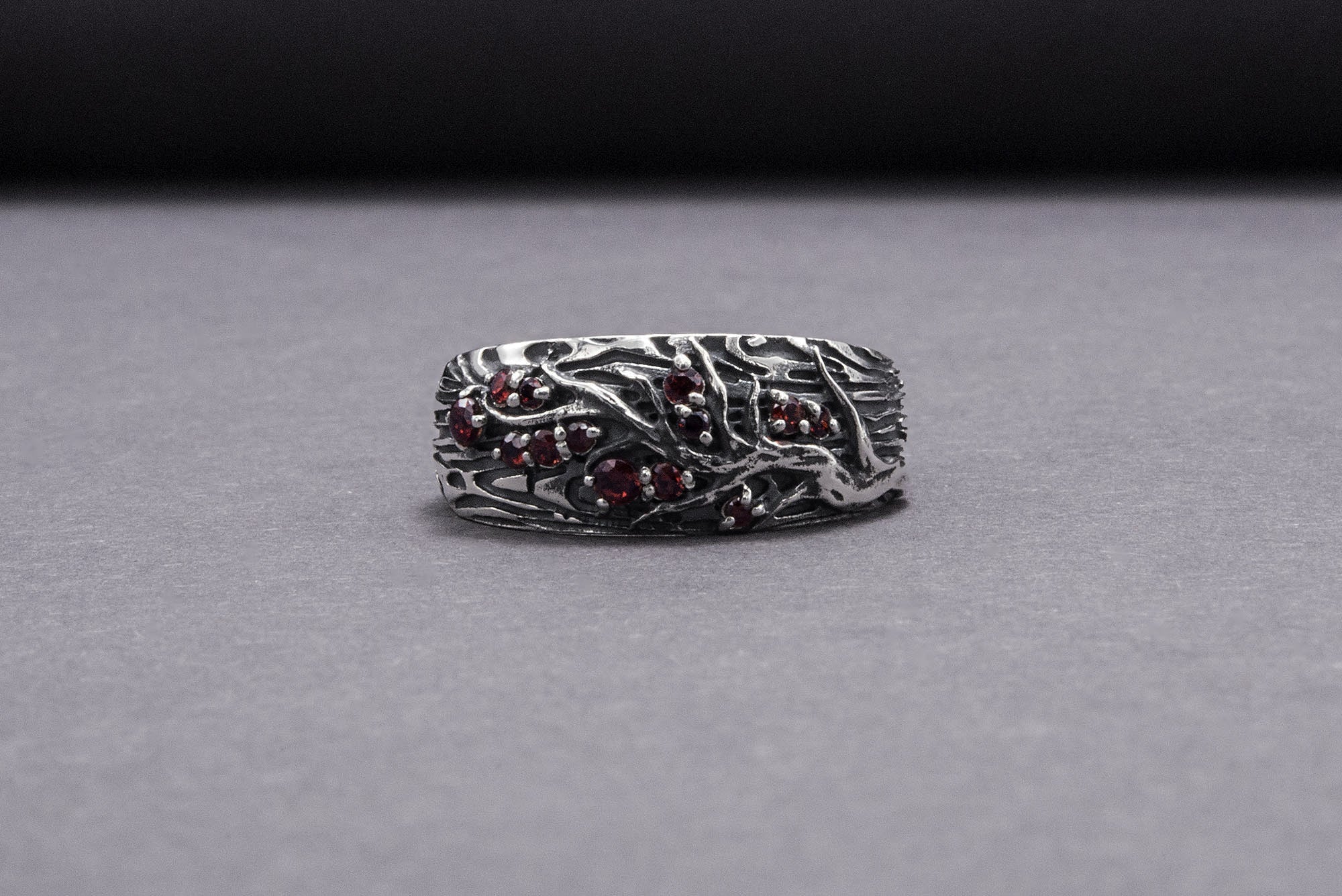 Tree And Wood Texture 925 Silver Ring With Red Gems Sterling Silver Jewelry - vikingworkshop