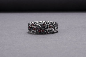 Tree And Wood Texture 925 Silver Ring With Red Gems Sterling Silver Jewelry - vikingworkshop