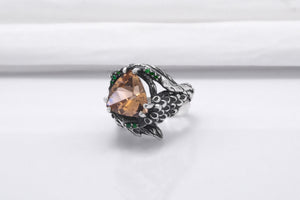 Sterling Silver Ring with Big Topaz and Wood Texture, Handcrafted Jewelry - vikingworkshop