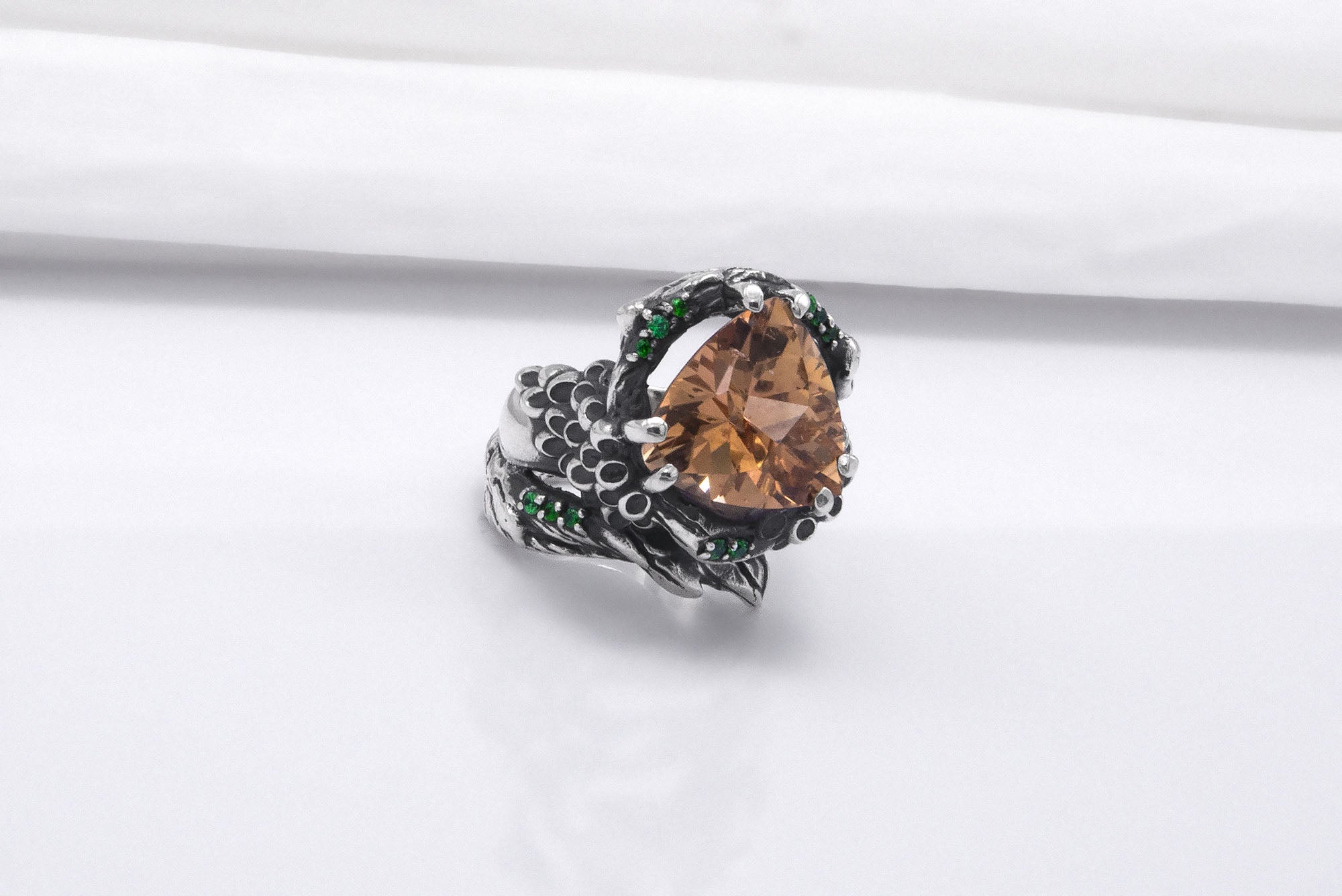 Sterling Silver Ring with Big Topaz and Wood Texture, Handcrafted Jewelry - vikingworkshop