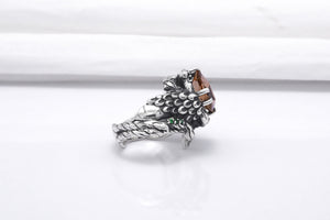 Sterling Silver Ring with Big Topaz and Wood Texture, Handcrafted Jewelry - vikingworkshop