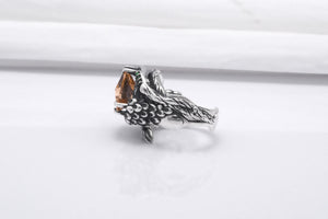 Sterling Silver Ring with Big Topaz and Wood Texture, Handcrafted Jewelry - vikingworkshop