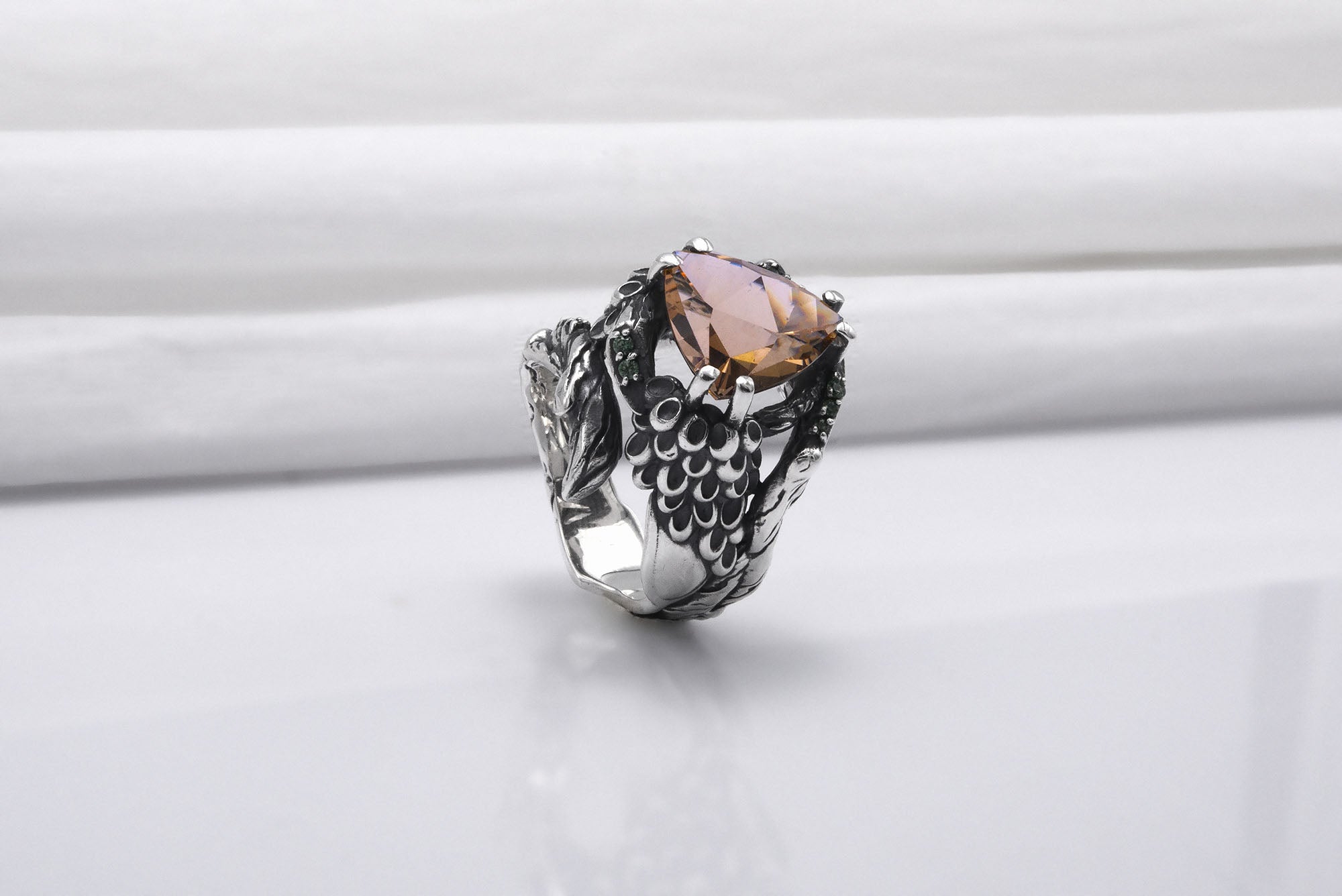 Sterling Silver Ring with Big Topaz and Wood Texture, Handcrafted Jewelry - vikingworkshop