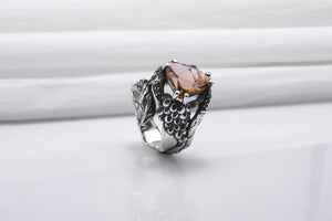 Sterling Silver Ring with Big Topaz and Wood Texture, Handcrafted Jewelry - vikingworkshop