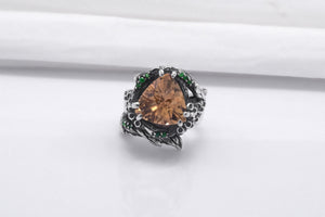 Sterling Silver Ring with Big Topaz and Wood Texture, Handcrafted Jewelry - vikingworkshop