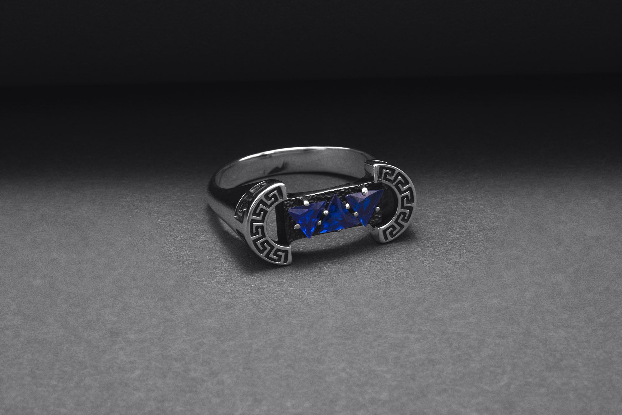 925 Silver Colosseum Road Ring with Blue Gems, Handcrafted Greek Jewelry - vikingworkshop