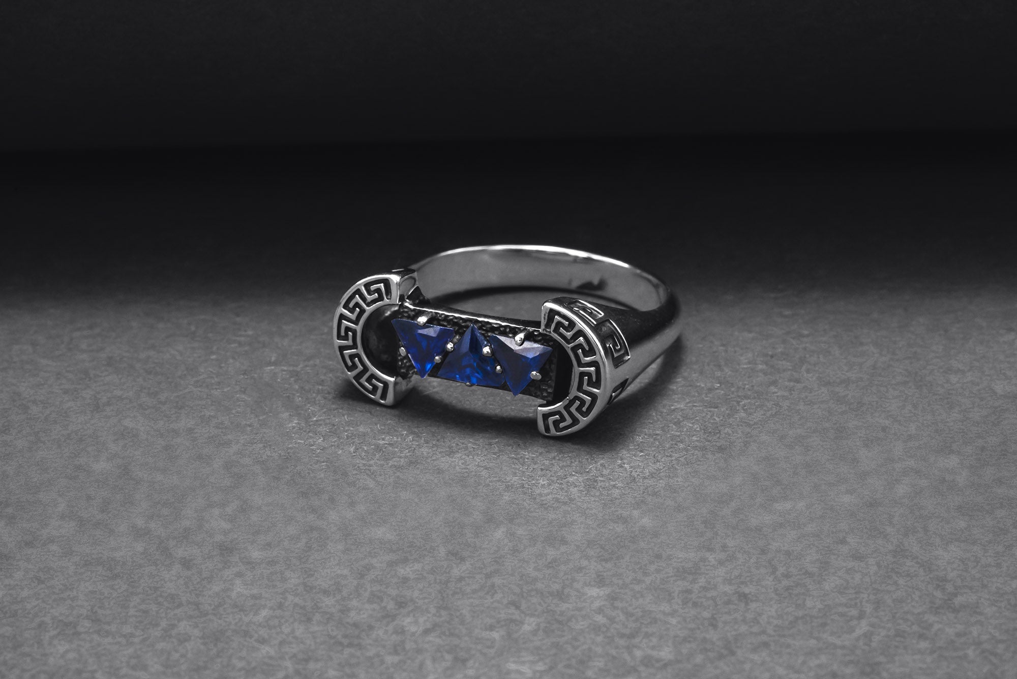 925 Silver Colosseum Road Ring with Blue Gems, Handcrafted Greek Jewelry - vikingworkshop
