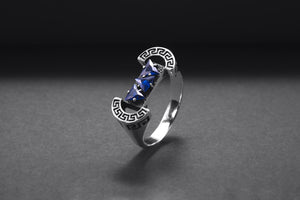 925 Silver Colosseum Road Ring with Blue Gems, Handcrafted Greek Jewelry - vikingworkshop