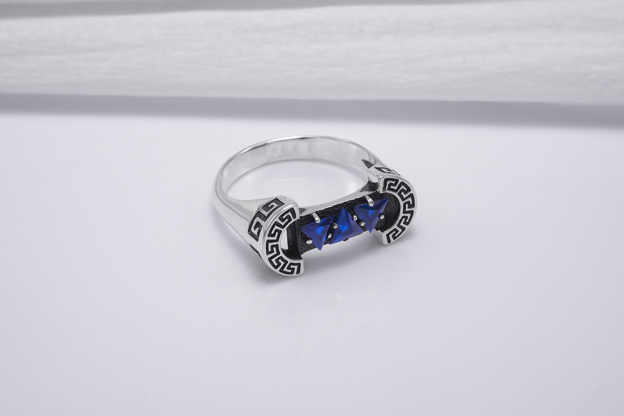 925 Silver Colosseum Road Ring with Blue Gems, Handcrafted Greek Jewelry - vikingworkshop