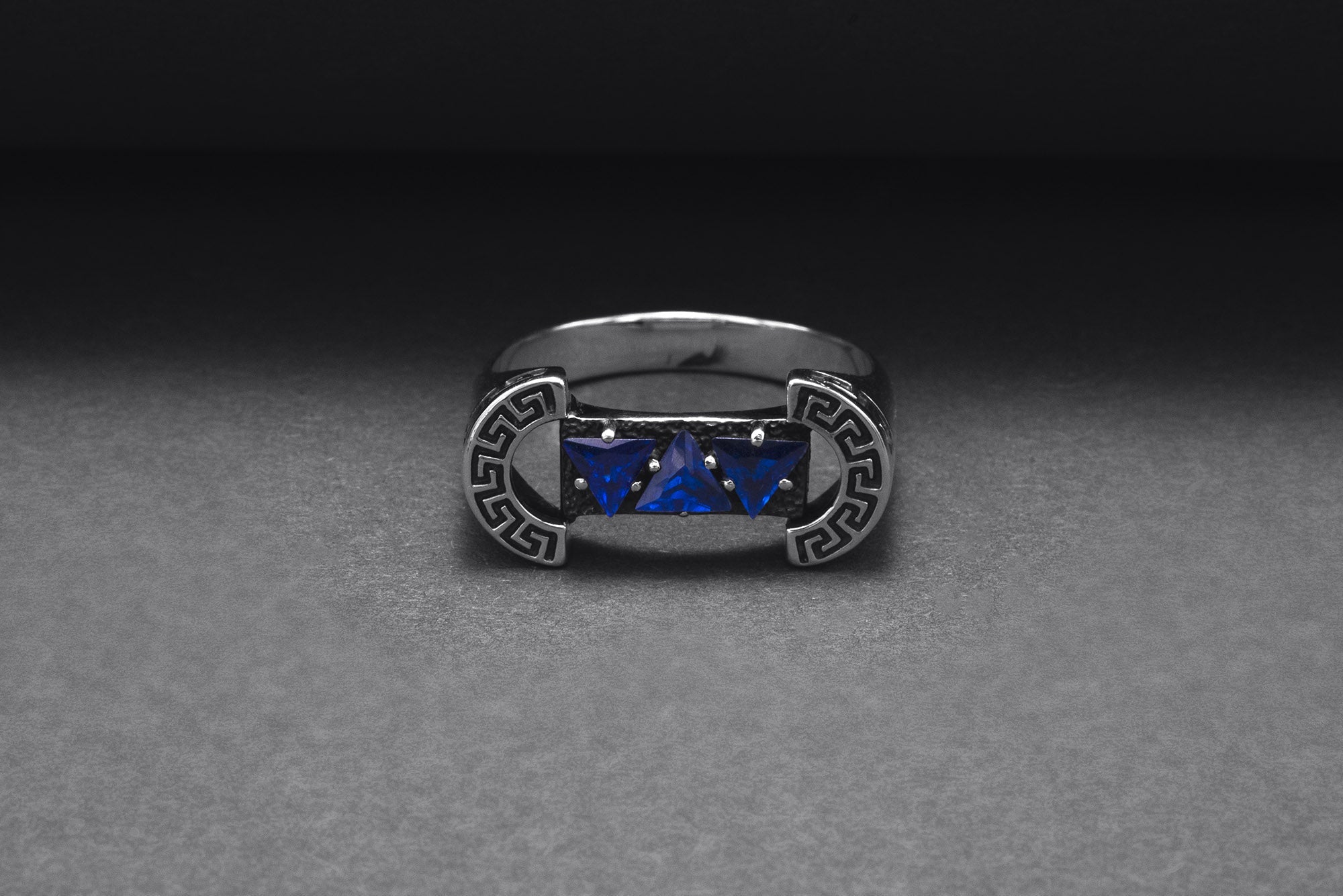 925 Silver Colosseum Road Ring with Blue Gems, Handcrafted Greek Jewelry - vikingworkshop