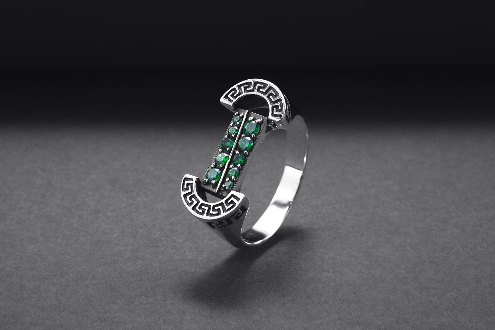 925 Silver Colosseum Road Ring with Green Gems, Handcrafted Greek Jewelry - vikingworkshop