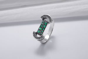 925 Silver Colosseum Road Ring with Green Gems, Handcrafted Greek Jewelry - vikingworkshop