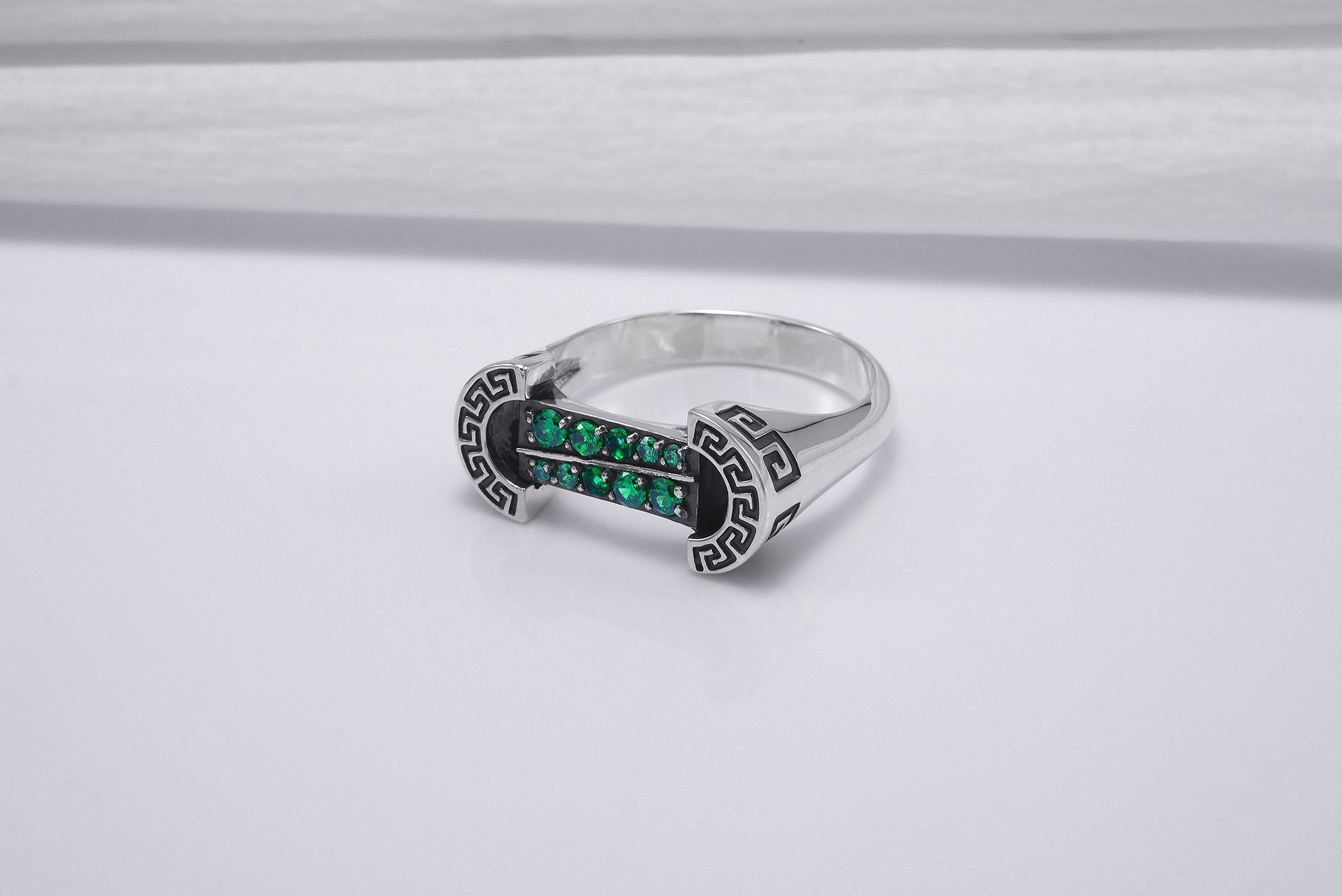 925 Silver Colosseum Road Ring with Green Gems, Handcrafted Greek Jewelry - vikingworkshop