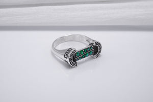 925 Silver Colosseum Road Ring with Green Gems, Handcrafted Greek Jewelry - vikingworkshop