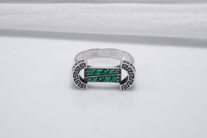 925 Silver Colosseum Road Ring with Green Gems, Handcrafted Greek Jewelry - vikingworkshop