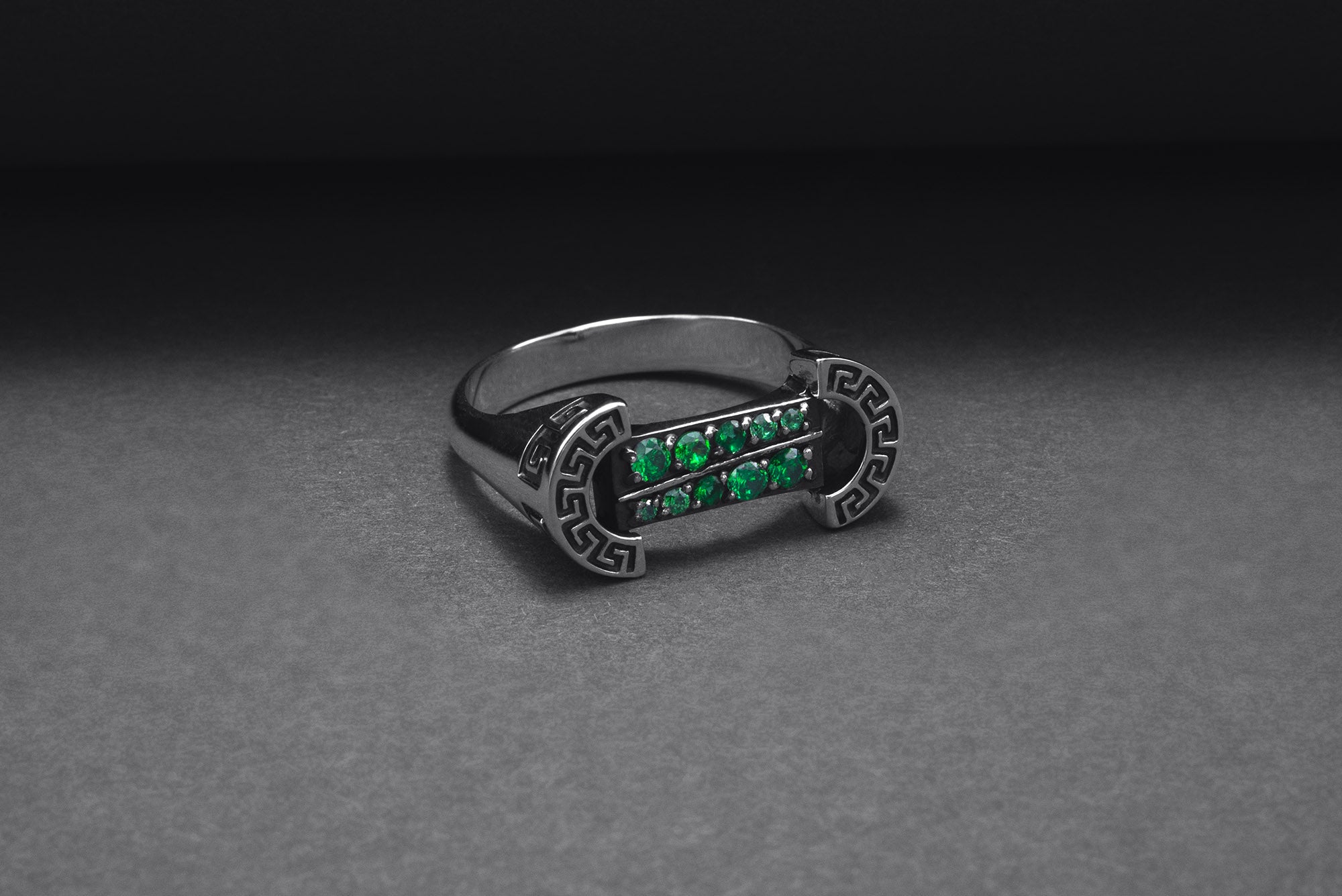 925 Silver Colosseum Road Ring with Green Gems, Handcrafted Greek Jewelry - vikingworkshop