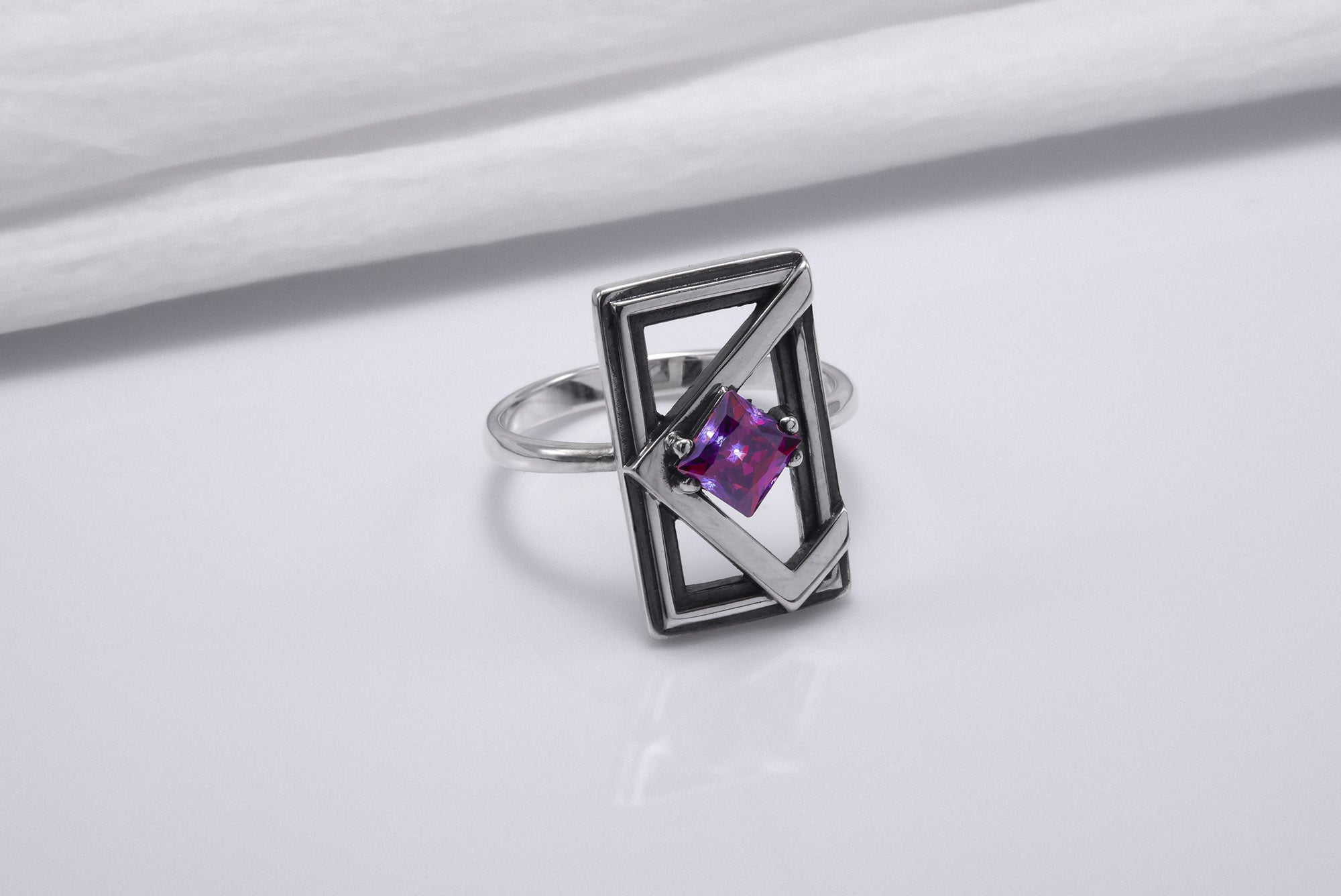 Sterling Silver Frame Ring with Purple Gem, Handmade Classic Jewelry - vikingworkshop