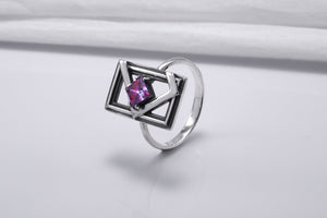 Sterling Silver Frame Ring with Purple Gem, Handmade Classic Jewelry - vikingworkshop