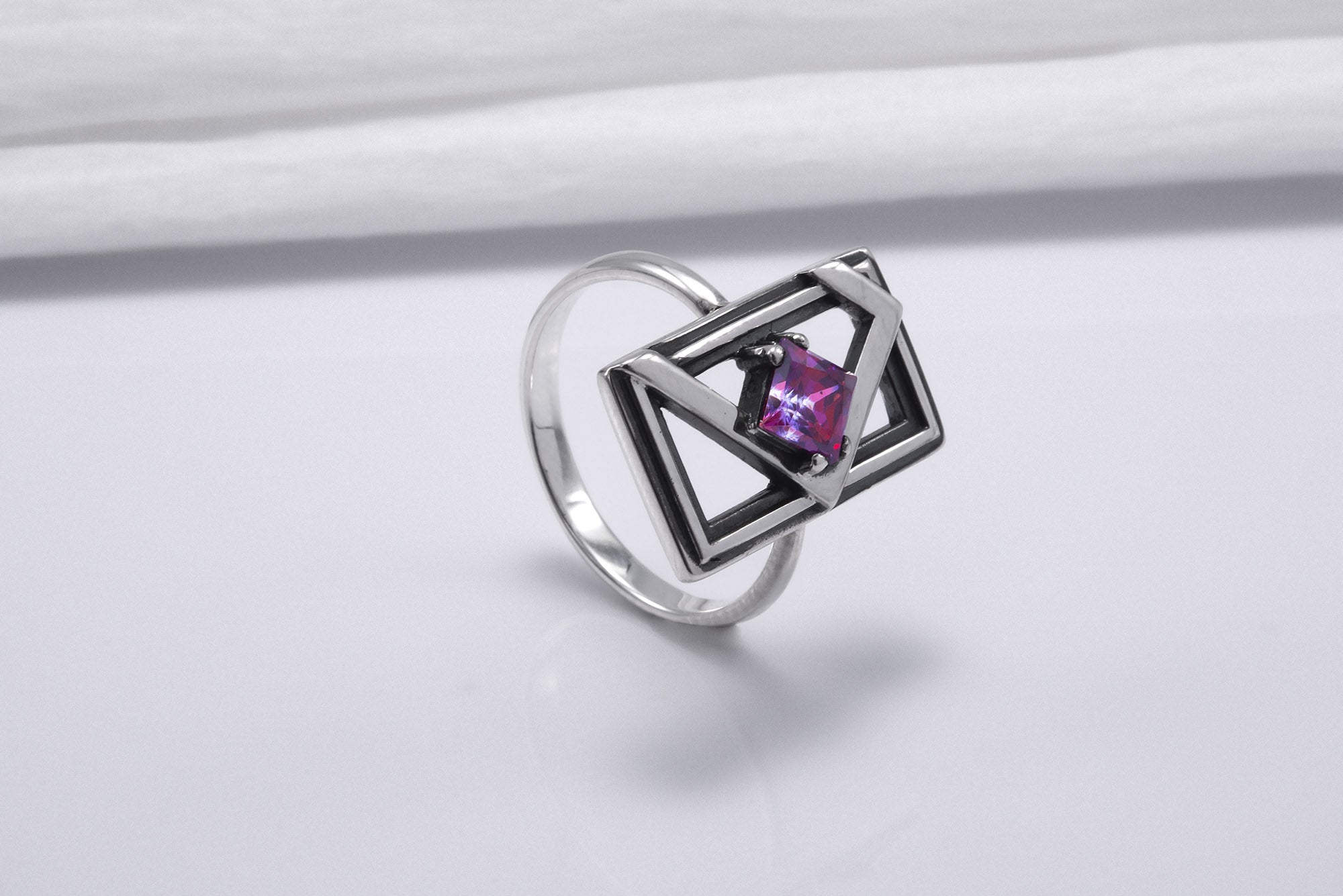 Sterling Silver Frame Ring with Purple Gem, Handmade Classic Jewelry - vikingworkshop