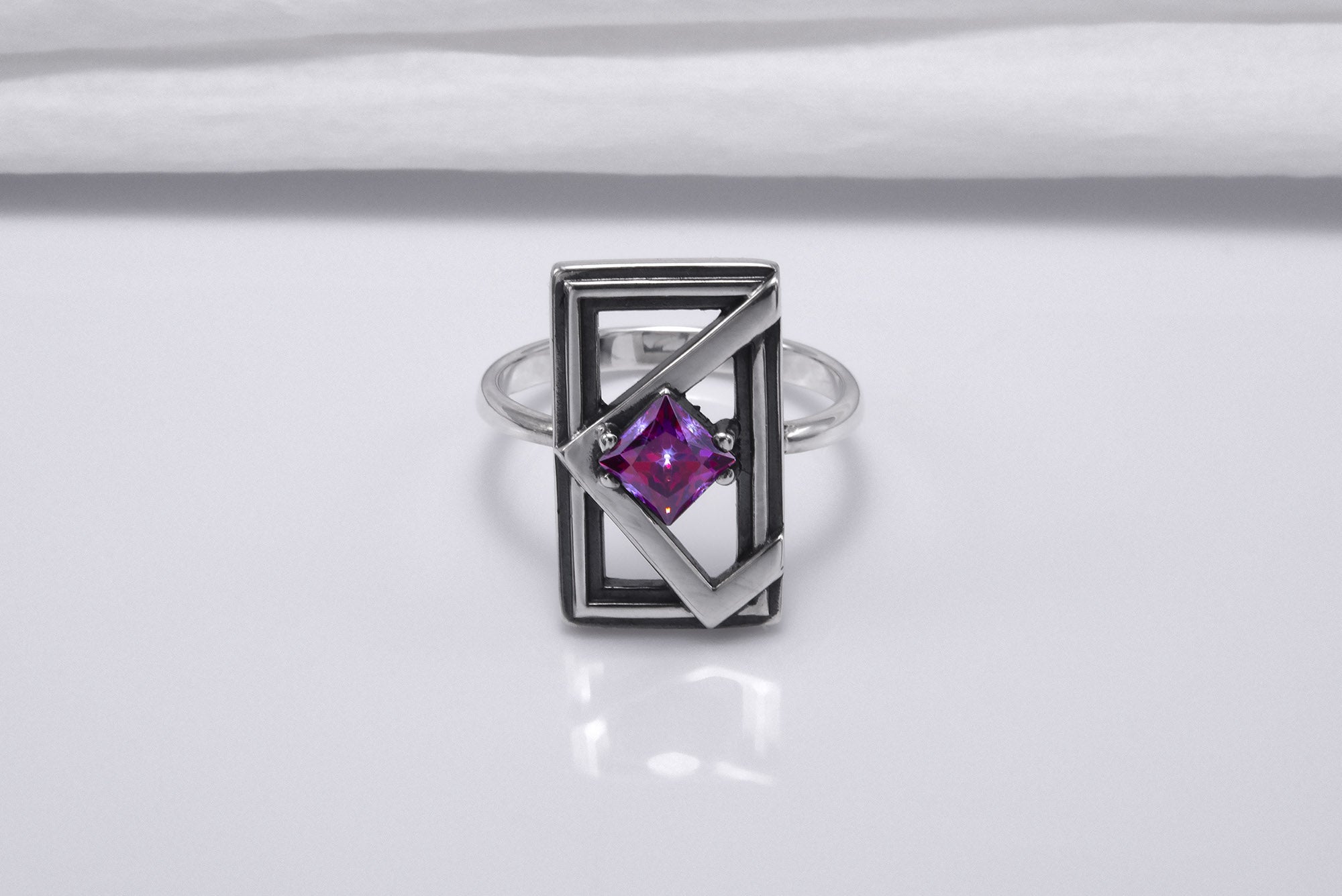 Sterling Silver Frame Ring with Purple Gem, Handmade Classic Jewelry - vikingworkshop