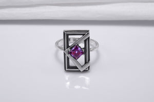 Sterling Silver Frame Ring with Purple Gem, Handmade Classic Jewelry - vikingworkshop