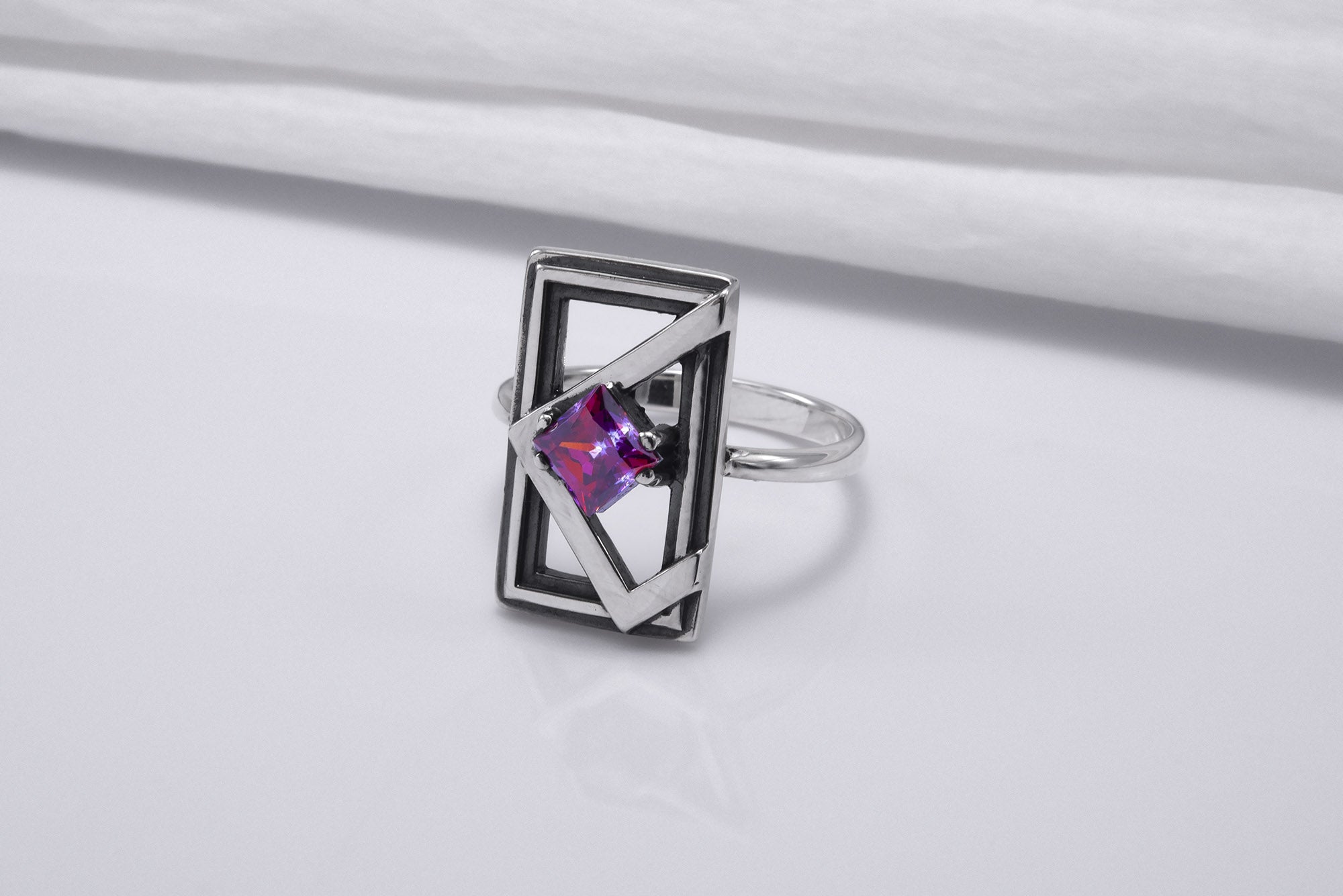 Sterling Silver Frame Ring with Purple Gem, Handmade Classic Jewelry - vikingworkshop