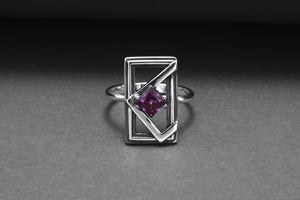 Sterling Silver Frame Ring with Purple Gem, Handmade Classic Jewelry - vikingworkshop