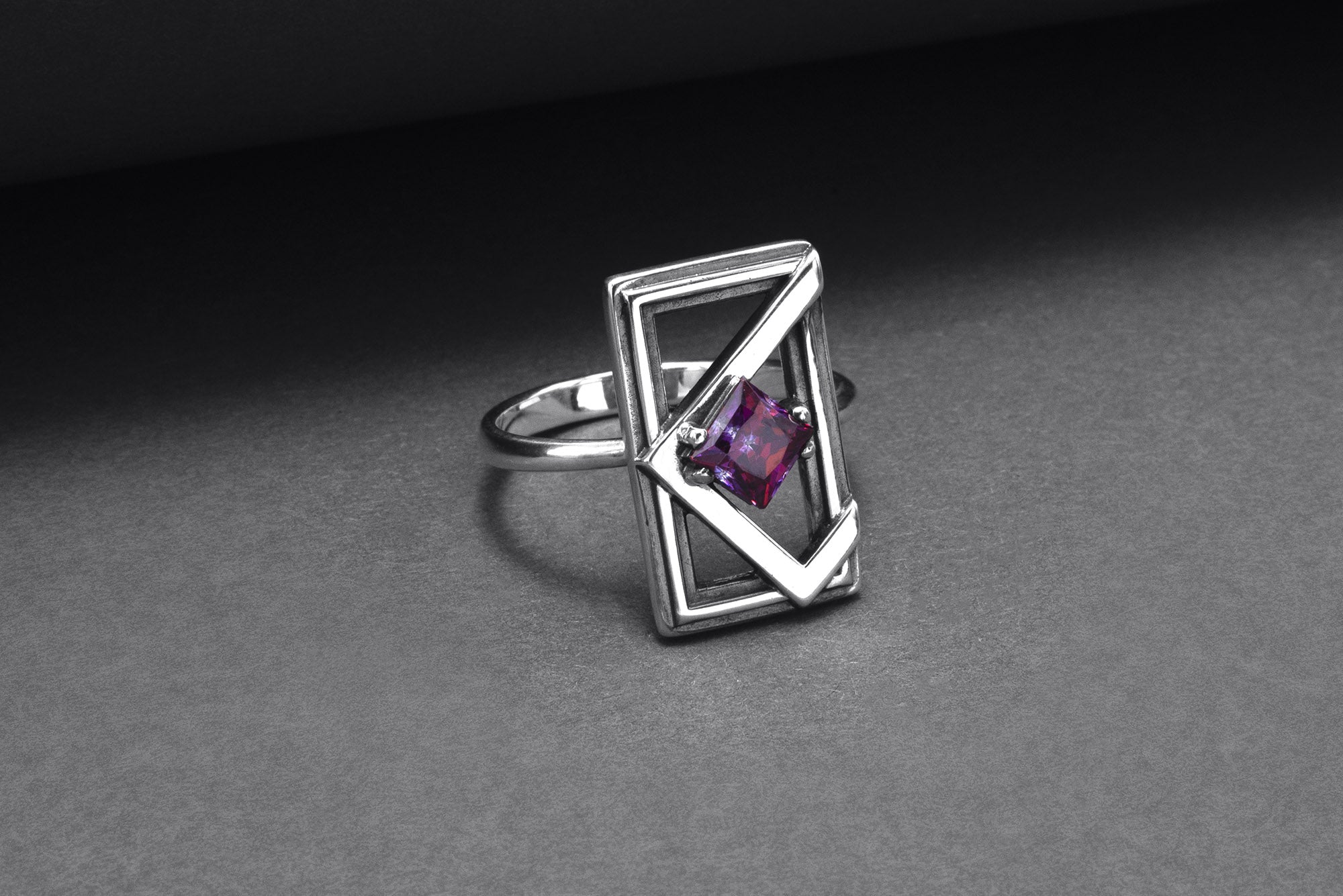 Sterling Silver Frame Ring with Purple Gem, Handmade Classic Jewelry - vikingworkshop