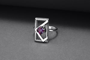 Sterling Silver Frame Ring with Purple Gem, Handmade Classic Jewelry - vikingworkshop