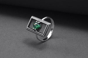 Sterling Silver Frame Ring with Green Gem, Handmade Classic Jewelry - vikingworkshop