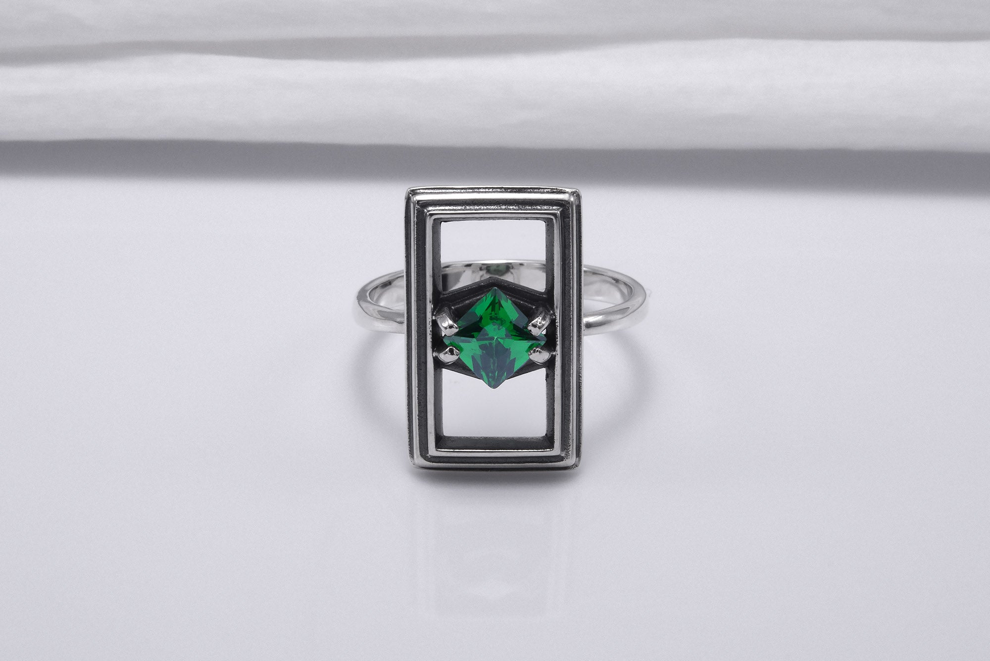 Sterling Silver Frame Ring with Green Gem, Handmade Classic Jewelry - vikingworkshop