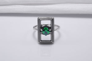 Sterling Silver Frame Ring with Green Gem, Handmade Classic Jewelry - vikingworkshop