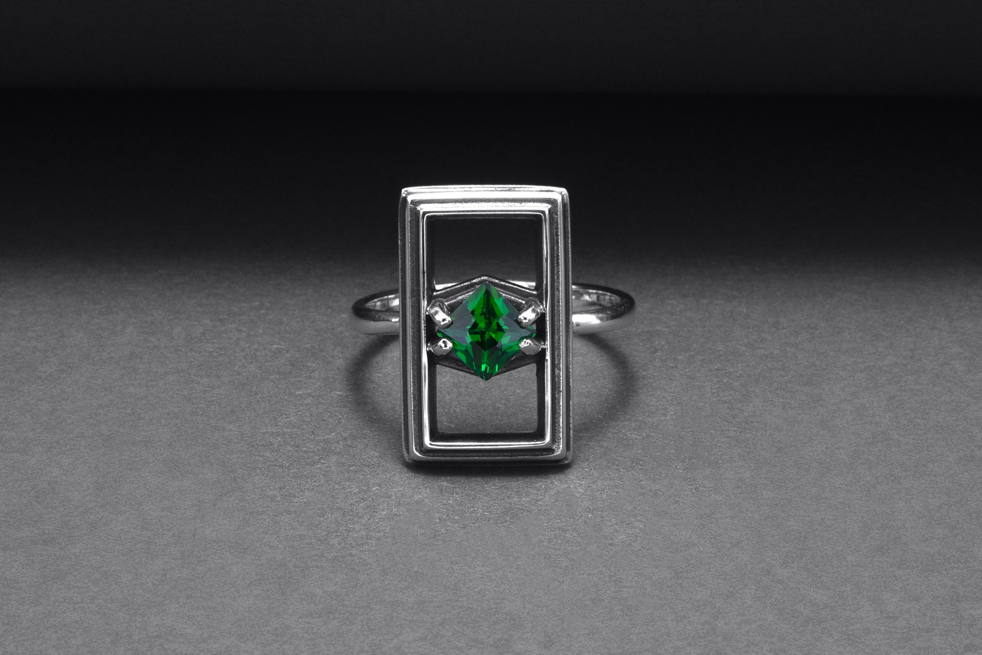 Sterling Silver Frame Ring with Green Gem, Handmade Classic Jewelry - vikingworkshop