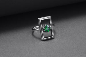 Sterling Silver Frame Ring with Green Gem, Handmade Classic Jewelry - vikingworkshop