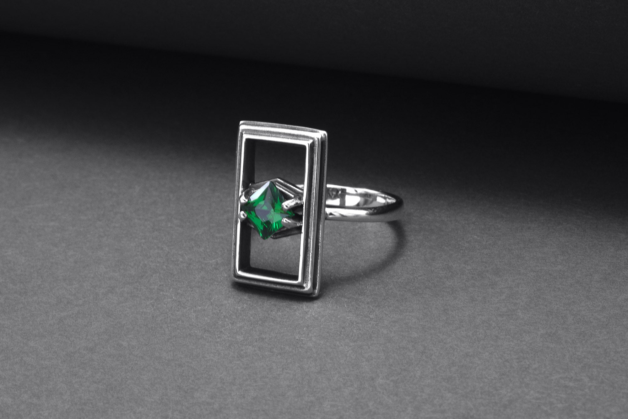 Sterling Silver Frame Ring with Green Gem, Handmade Classic Jewelry - vikingworkshop