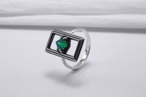 Sterling Silver Frame Ring with Green Gem, Handmade Classic Jewelry - vikingworkshop