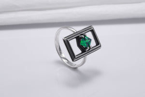 Sterling Silver Frame Ring with Green Gem, Handmade Classic Jewelry - vikingworkshop