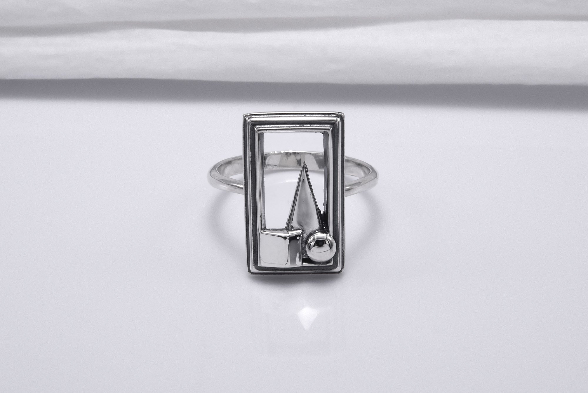 Sterling Silver Frame Ring with Geometric Still Life, Handmade Classic Jewelry - vikingworkshop