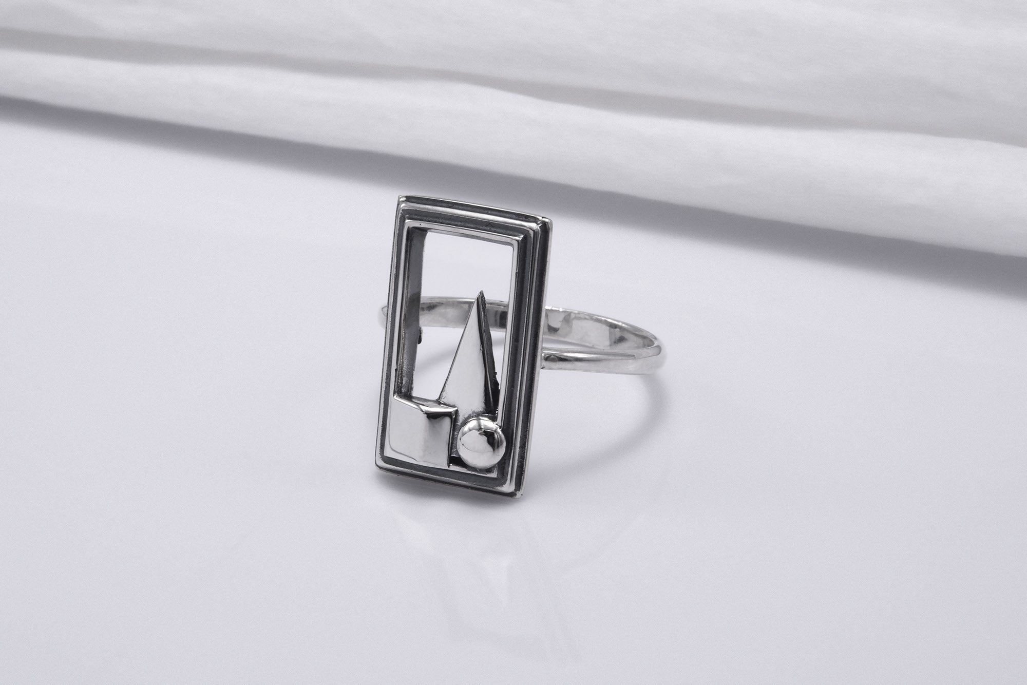 Sterling Silver Frame Ring with Geometric Still Life, Handmade Classic Jewelry - vikingworkshop